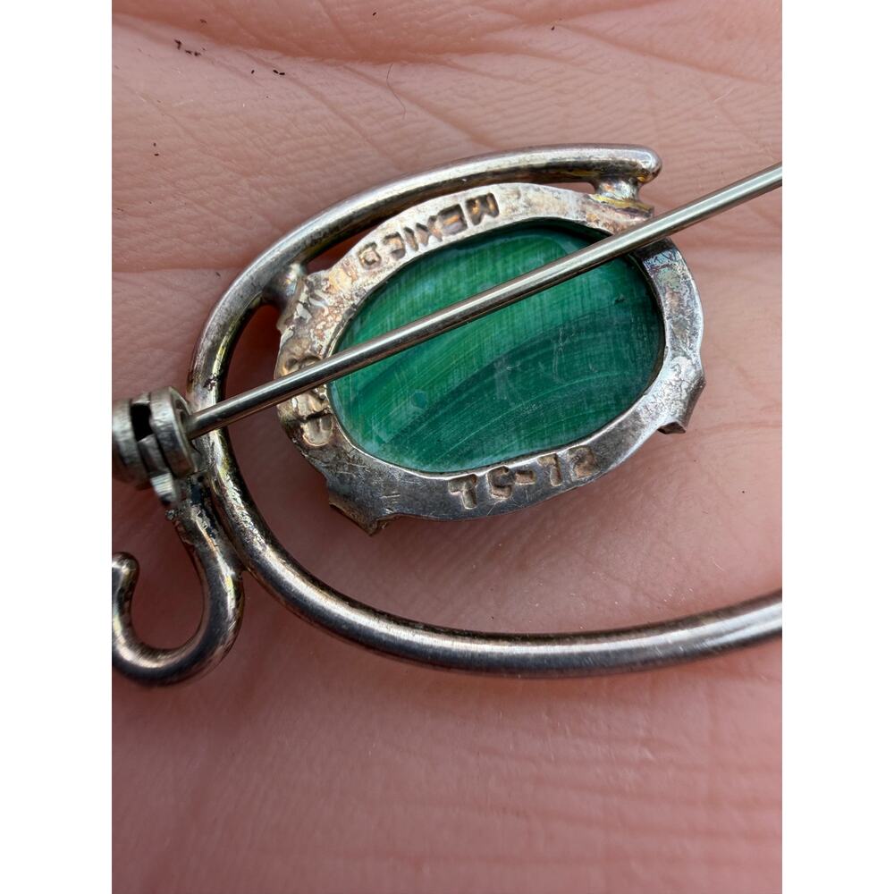Vintage jelly belly Sterling and malachite cat pin Taxco - Picture 3 of 4